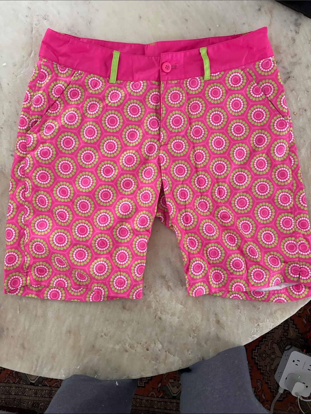Birdies & Bows Golf Pink and Lime Circular Pattern Bermuda Shorts